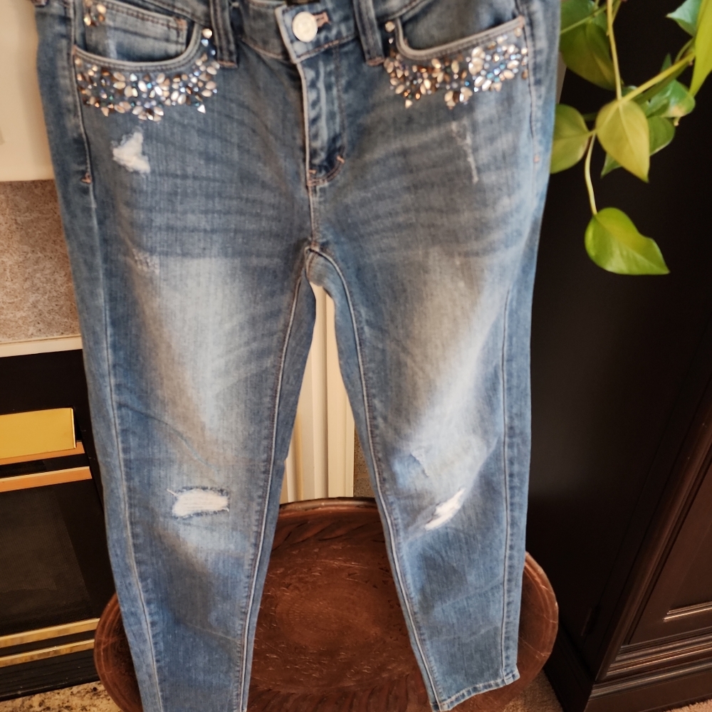 WHBM White House Black Market Girlfriend Jeans Jeweled Distressed Sz 00.